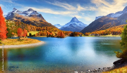 panoramic view of lake sils silsersee in autumn season upper engadine valley switzerland photo