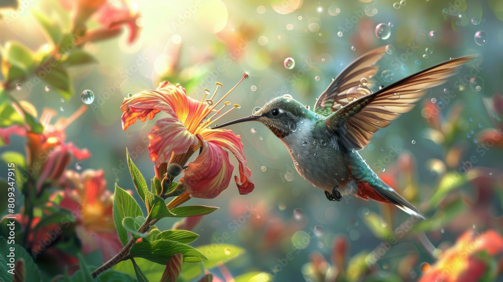 Obraz premium Vibrant scene of two hummingbirds interacting mid-air around colorful hibiscus flowers during a rain, with water droplets visible.