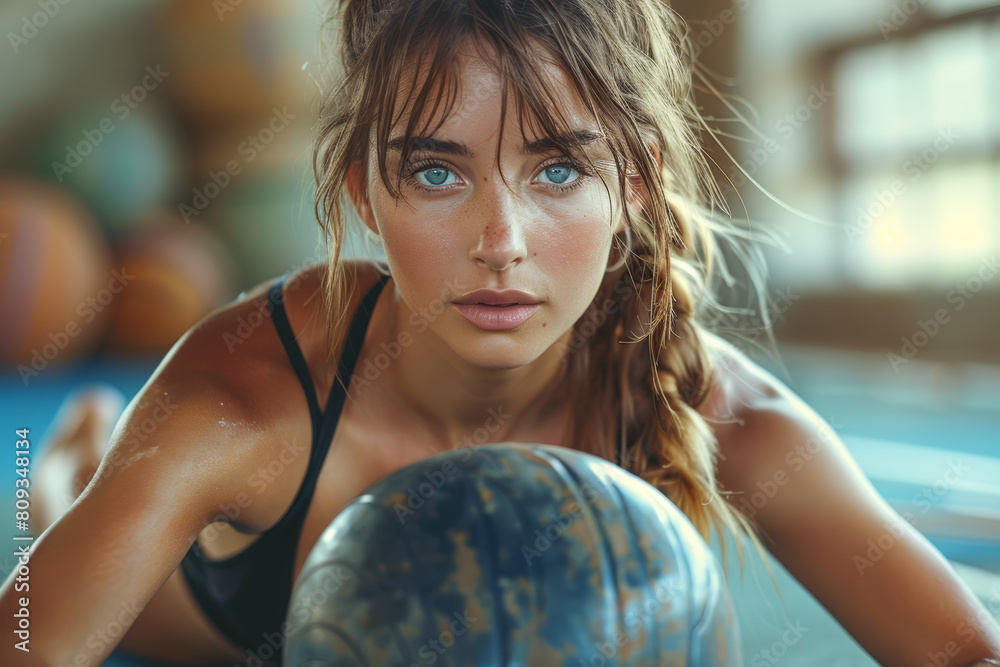 Naklejka premium A woman using a medicine ball for core exercises, adding resistance and instability to her workout. Concept of medicine ball training. Generative Ai.