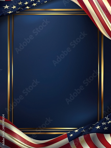 A blue frame with gold trim and a red, white and blue American flag in the center.  Empty copy space for text. 4th july, Memorial Day, Labour Day, independence day, veteran day concept