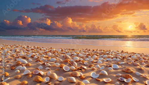 A beach scene with shells scattered all over the sand. There are numerous shells of various sizes and shapes, covering a significant portion of the beach. photo