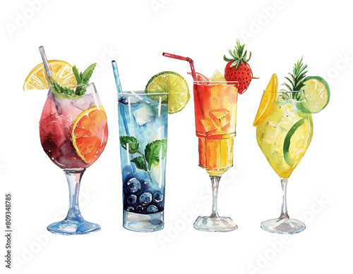 Set oil painting watercolor fresh natural cocktails for summer season vector illustration on isolated white background