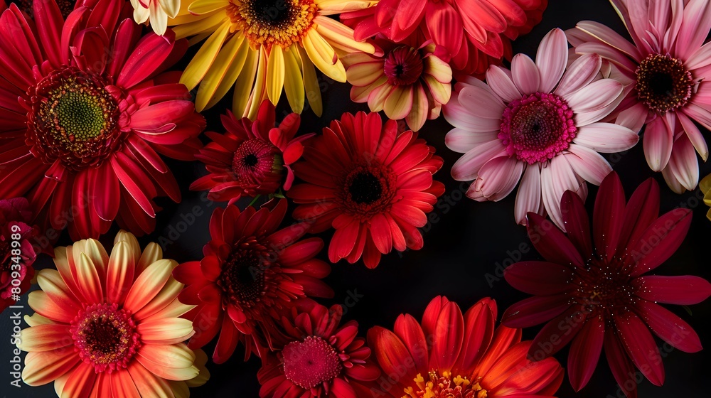 Red black vibrant flowers grouped together, showcasing various colors and shapes, set against a black background 