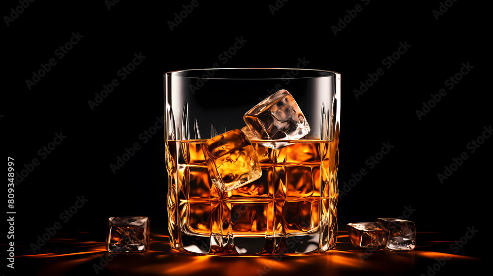 Whiskey glass with ice cubes on black background
