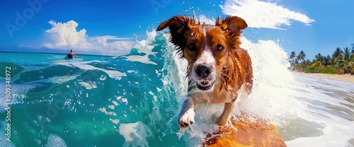 Trying Out Dog-Friendly Water Sports Like Surfing Or Bodyboarding, With Your Adventurous Pup Riding The Waves, Summer Background