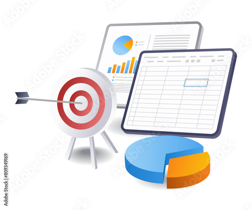 Business growth calculation targets technology infographics flat isometric 3d illustration