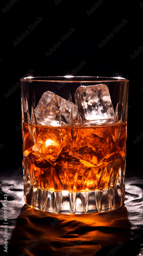 Whiskey glass with ice cubes on black background