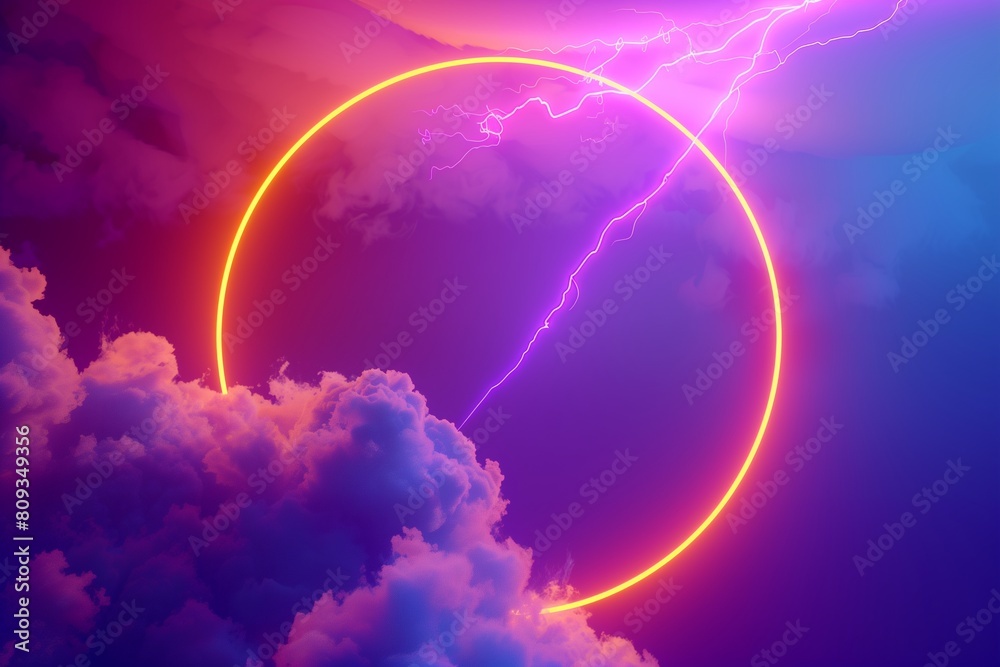 cycled 3d animation. Glowing neon ring and illuminated thunder cloud spins and rotates endlessly. Abstract round frame, laser line in the sky