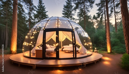 experience luxury camping in a forest glamping bubble dome complete with led lights for a magical nighttime ambiance