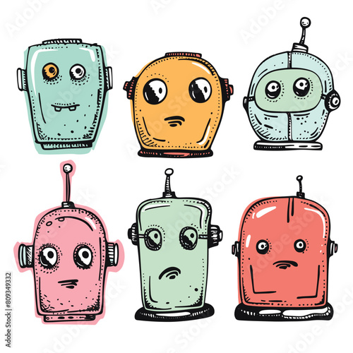 Six different cartoon robots expressing various emotions. Handdrawn style robots showing surprise, sadness, happiness, unique antennas dials. Vibrant colors, isolated white background, detailed