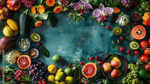 Colorful array of exotic fruits and vibrant flowers spread on a rustic turquoise surface. © khonkangrua