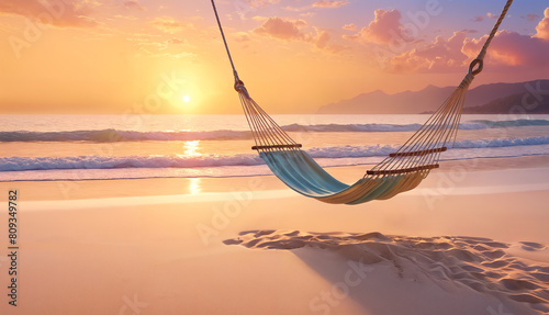 A large hammock hanging on the beach, with the sun shining brightly in the sky. The hammock is inviting, providing a relaxing spot for beachgoers to rest and enjoy the beautiful surroundings.