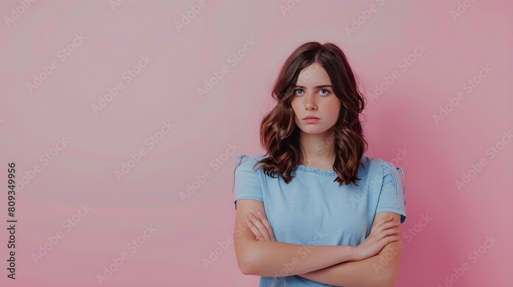 Obraz premium Photo of pretty young woman folded hands look empty space wear blue top isolated on pink color background