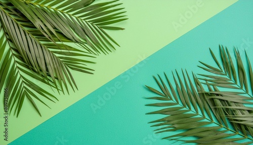 copy space with palm leaves on the corner isolated on green blue background