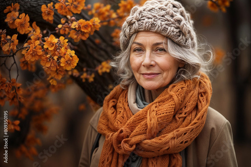 Older woman with grey hair and warm winter hat and scarf standing in front of tree with orange flowers.