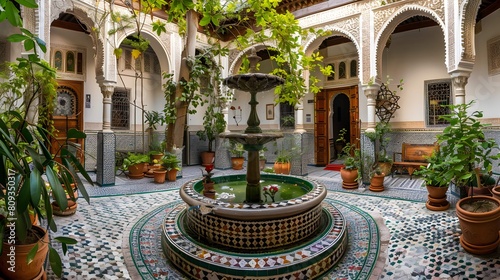 Panoramic View of a Traditional Courtyard with Fountain in a Moroccan Riad. A serene courtyard adorned with a majestic fountain and lush potted plants, creating a tranquil sanctuary 