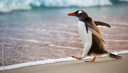 gentoo penguin walking on a sandy beach photo