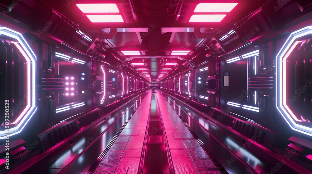 Neon-lit factory corridors in high-tech cybernetic design