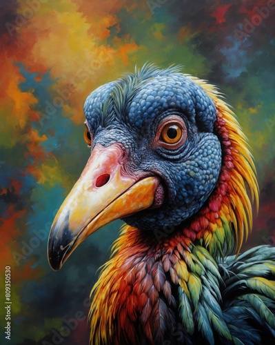 Amazing extinct fantasy Dodo bird with vibrant rainbow colored feathers and vibrant background