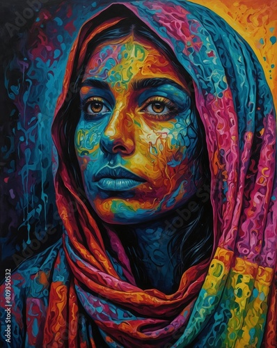 Beautiful woman with multi-colored face wearing a shawl mysterious unique style of painting vibrant spectrum of colors