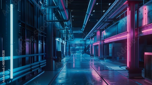 Neon-lit factory corridors in high-tech cybernetic design