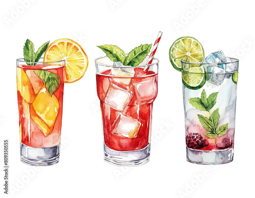Set oil painting watercolor fresh natural cocktails for summer season vector illustration on isolated white background