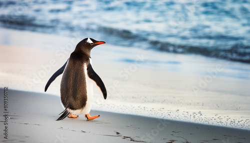 gentoo penguin walking on a sandy beach