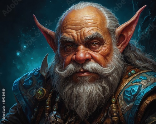 Fantasy dwarven creature with a white beard and large pointed ears gnome character wearing armor old man