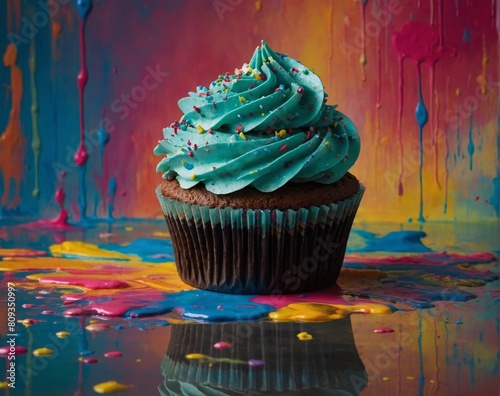 Delicious blue green chocolate cupcake with icing and sprinkles vibrant multi-colored background birthday celebration