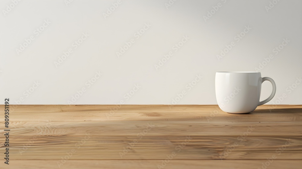 Mock up with white coffee cup rests on a wooden table, creating a simple and classic scene Mock up with white coffee cup rests on a wooden table, creating a simple and classic scene