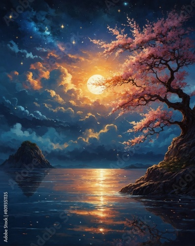 Amazing nighttime scene with small island on an ocean a cherry blossom tree growing on an island glowing sun orb surrounded by a cloudy night sky