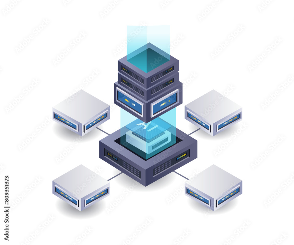 Artificial intelligence network server isometric flat illustration Artificial intelligence network server isometric flat illustration