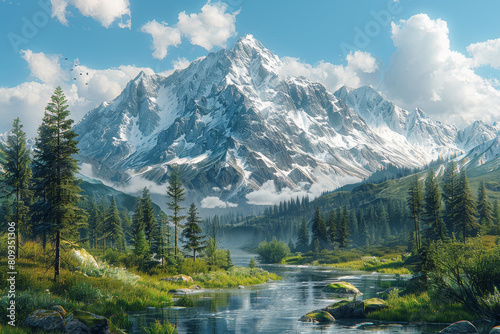 A mountain diorama showcasing majestic peaks, winding rivers, and dense forests, inviting viewers to experience the grandeur of nature. Concept of wilderness. Generative Ai.