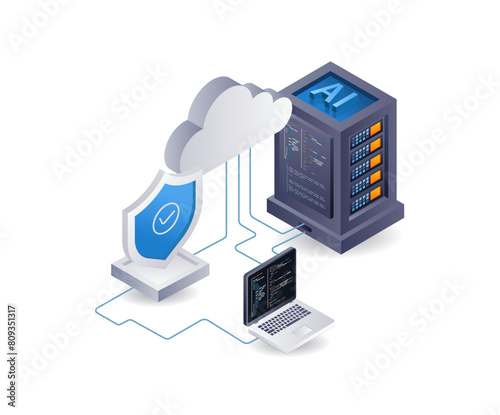 Artificial intelligence server computer security, infographic 3d illustration flat isometric