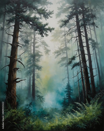 Beautiful misty forest landscape with tall majestic trees eerie foggy woods