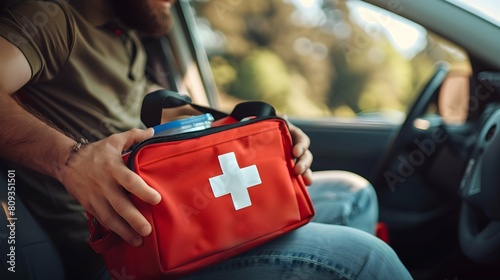 Man with first aid kit inside car, closeup photo