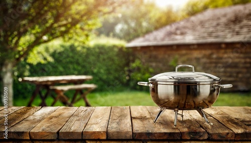 bbq grill in the back yard background with empty wooden table