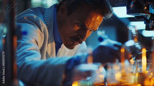 Focused scientist meticulously examines chemical samples in a modern laboratory, under intense lighting conditions.