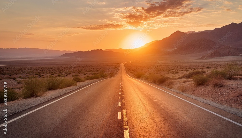 the open road beckons promising adventure and escape as the sun rises over the barren desert landscape