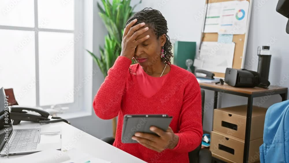 Stressed african american woman in red sweater experiences frustration using tablet in office setting Stressed african american woman in red sweater experiences frustration using tablet in office setting