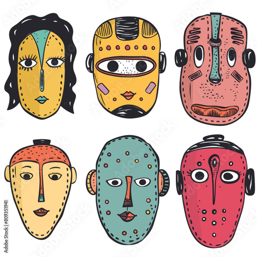 Collection tribal masks various designs colors facial features. Handdrawn ethnic masks set African ritual tribal culture vivid illustrations. Stylized traditional art colorful ethnic decoration