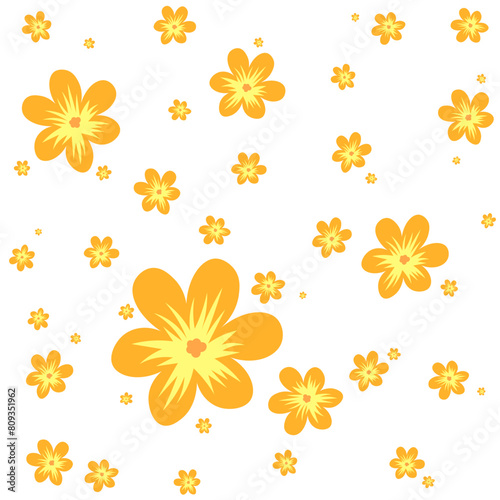 Floral pattern, yellow and orange flowers random on white background, vector illustration.