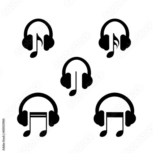 Musical notes icon with headphones, listen to music, black vector icon set.