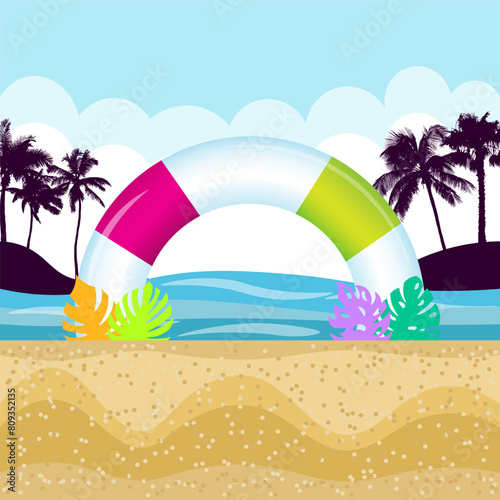 Tropical beach background with palm silhouettes and lifebuoy, vector illustration.