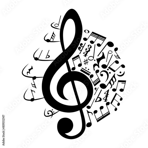 Music notes, treble clef with musical symbols and lines, vector illustration.