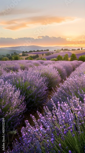 Lavender fields stretch as far as the eye can see  bathed in the warm glow of the setting sun  creating a serene and picturesque scene
