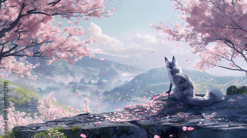 Collection of a majestic kitsune (nine-tailed fox) with fur like spun moonlight overlooks a breathtaking landscape of cherry blossom trees in full bloom photo