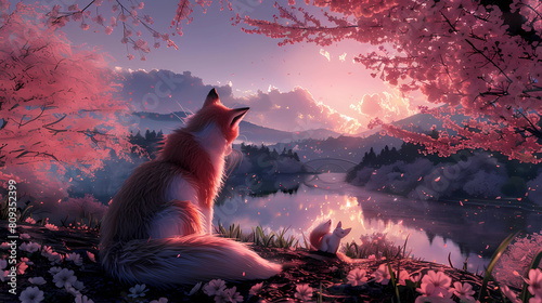 Collection of a majestic kitsune (nine-tailed fox) with fur like spun moonlight overlooks a breathtaking landscape of cherry blossom trees in full bloom photo