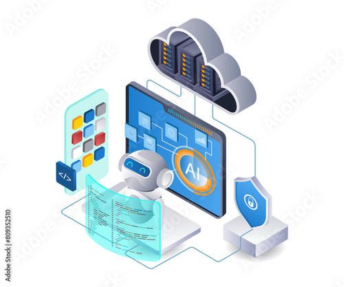 AI robot develops smartphone app technology infographic flat isometric 3d illustration