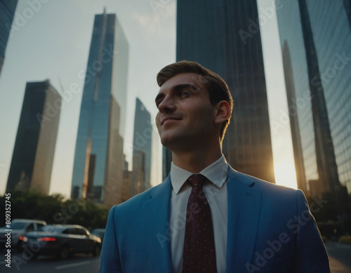 portrait of a young white entrepreneur businessman in the city, in front of skyscrapers